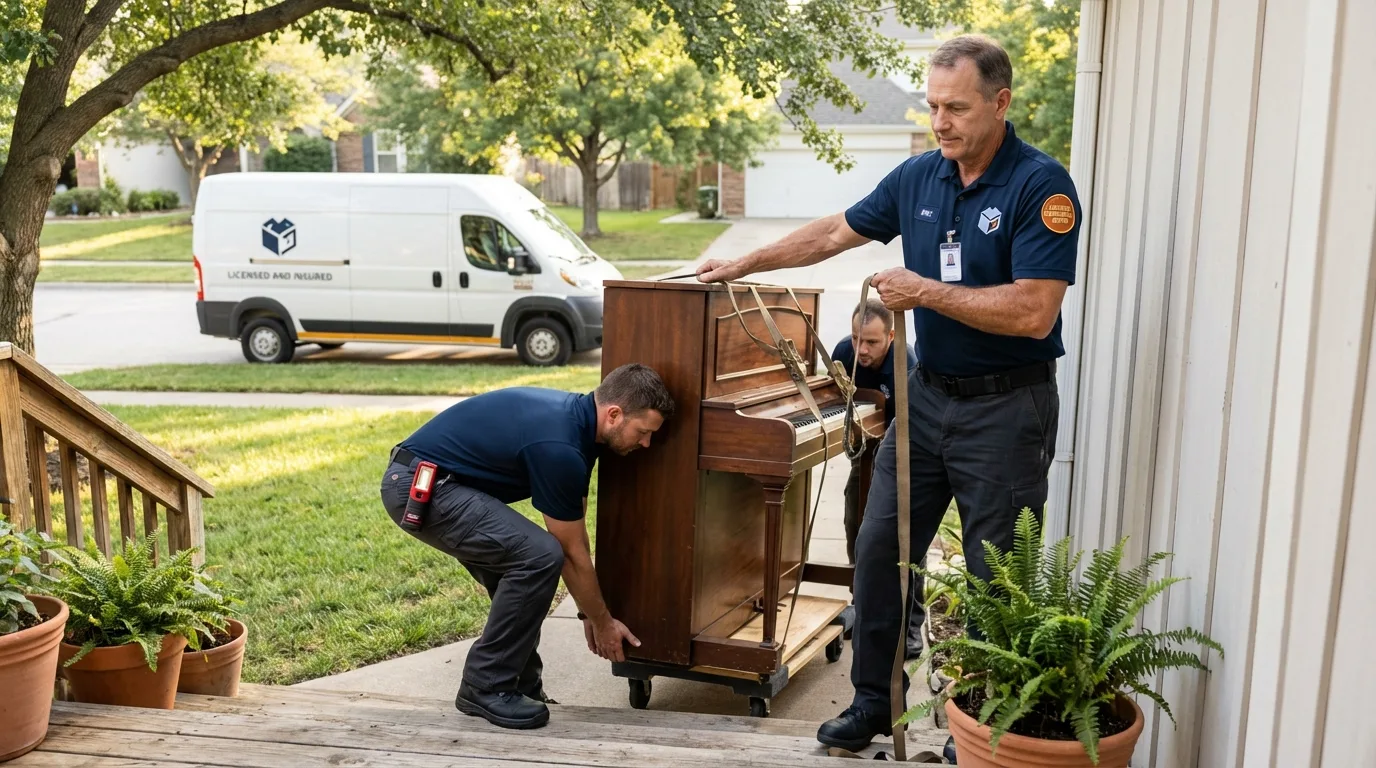 Licensed piano movers securing grand piano in Central City, CO