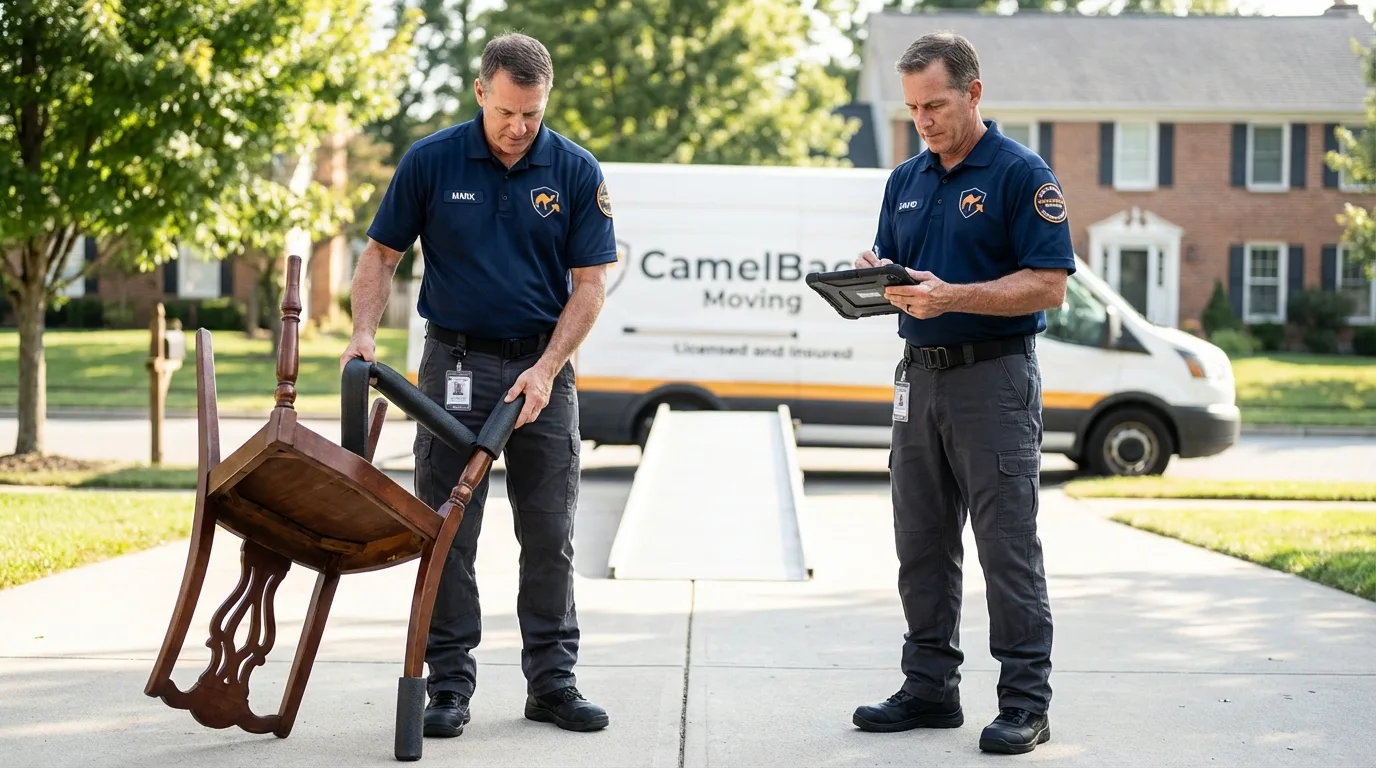 Movers inspecting furniture for damage prevention before loading in Central City, CO