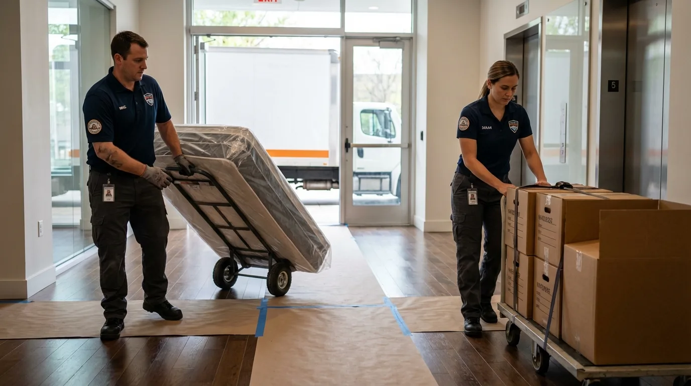 Professional apartment movers loading elevator in Central City, CO